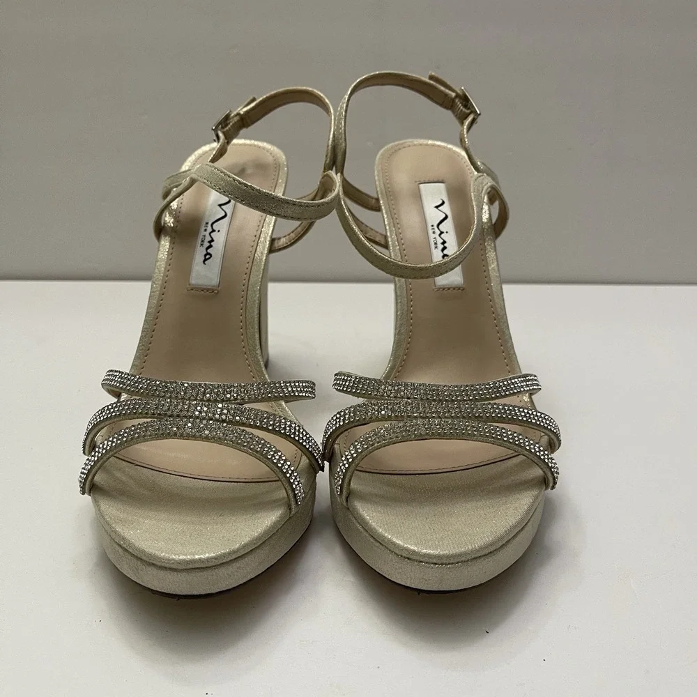 Nina Saralyn Platino Platfom Sandal‎ Heel Size 8 Gold Rhinestone Wedding Holiday
